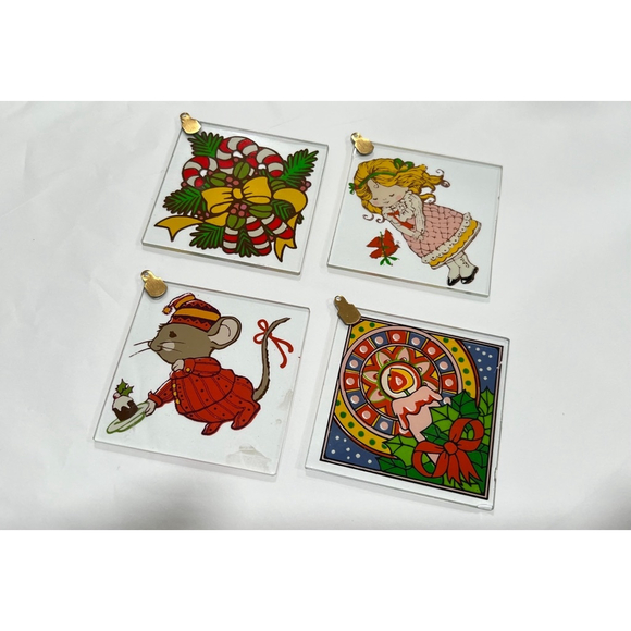 Vintage 1980 Current Glass Christmas Ornaments 2.5" Square with Metal Hanger - Picture 5 of 8